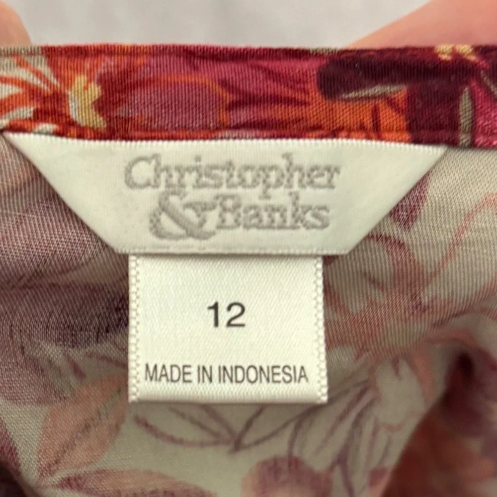 Vintage Christopher & Banks Midi Skirt Women Size 12 Red Floral Ruffle Hem Fairy